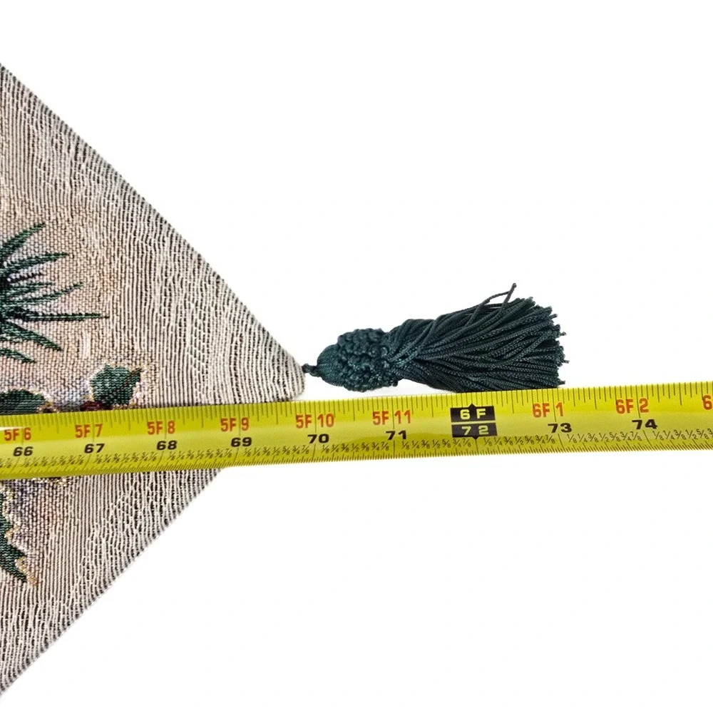 Christmas Woven Tapestry Table Runner Poinsettia Pinecone Tassel Green Red 70in